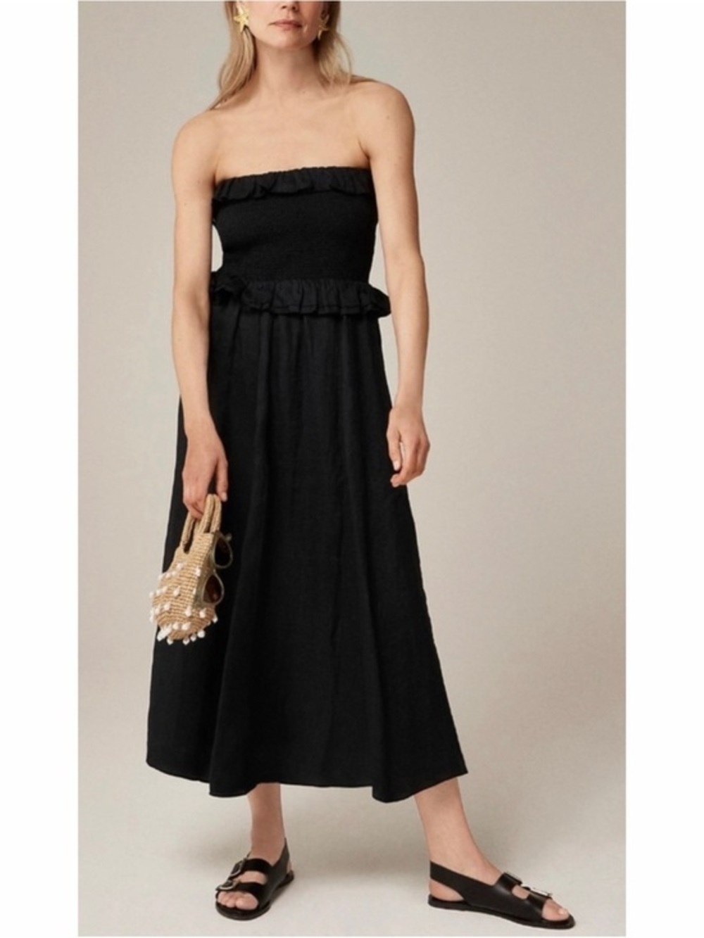 J.CREW Ruffle Smocked Strapless Ravenna Ramie Maxi Dress